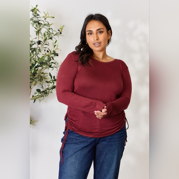 Culture Code Full Size Drawstring Round Neck Long Sleeve Wine Top - Picture 8 of 12